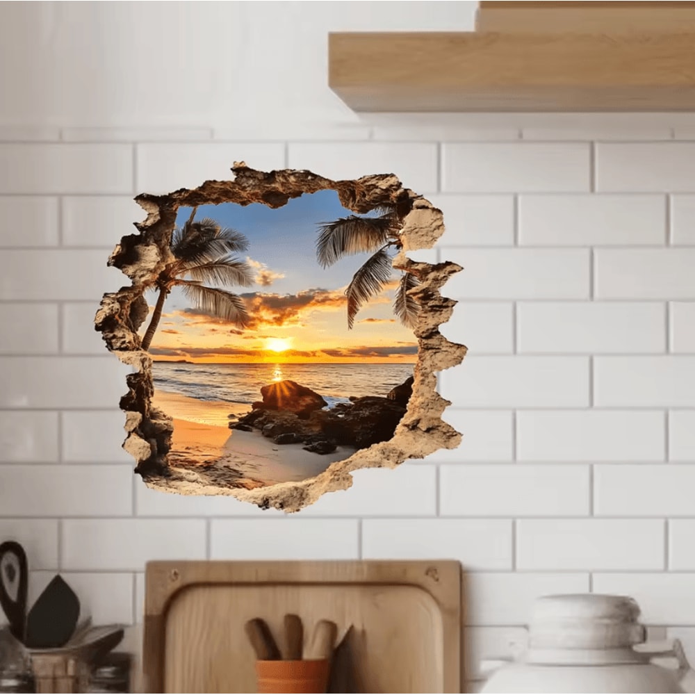 3D Wall Decal Ocean Landscape Beach Scene Wall Sticker Lifelike PVC Wall Mural For Home Decor 0