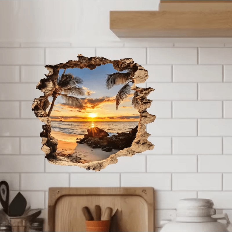 3D Wall Decal Ocean Landscape Beach Scene Wall Sticker Lifelike PVC Wall Mural For Home Decor 0