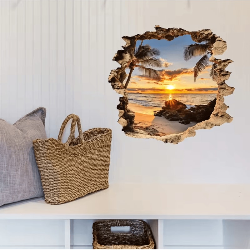 3D Wall Decal Ocean Landscape Beach Scene Wall Sticker Lifelike PVC Wall Mural For Home Decor 1