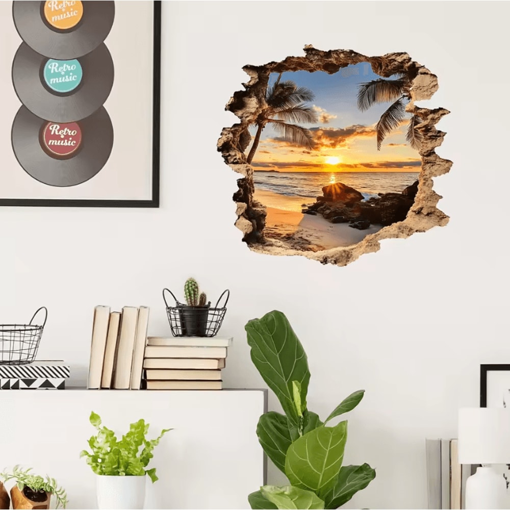 3D Wall Decal Ocean Landscape Beach Scene Wall Sticker Lifelike PVC Wall Mural For Home Decor 2