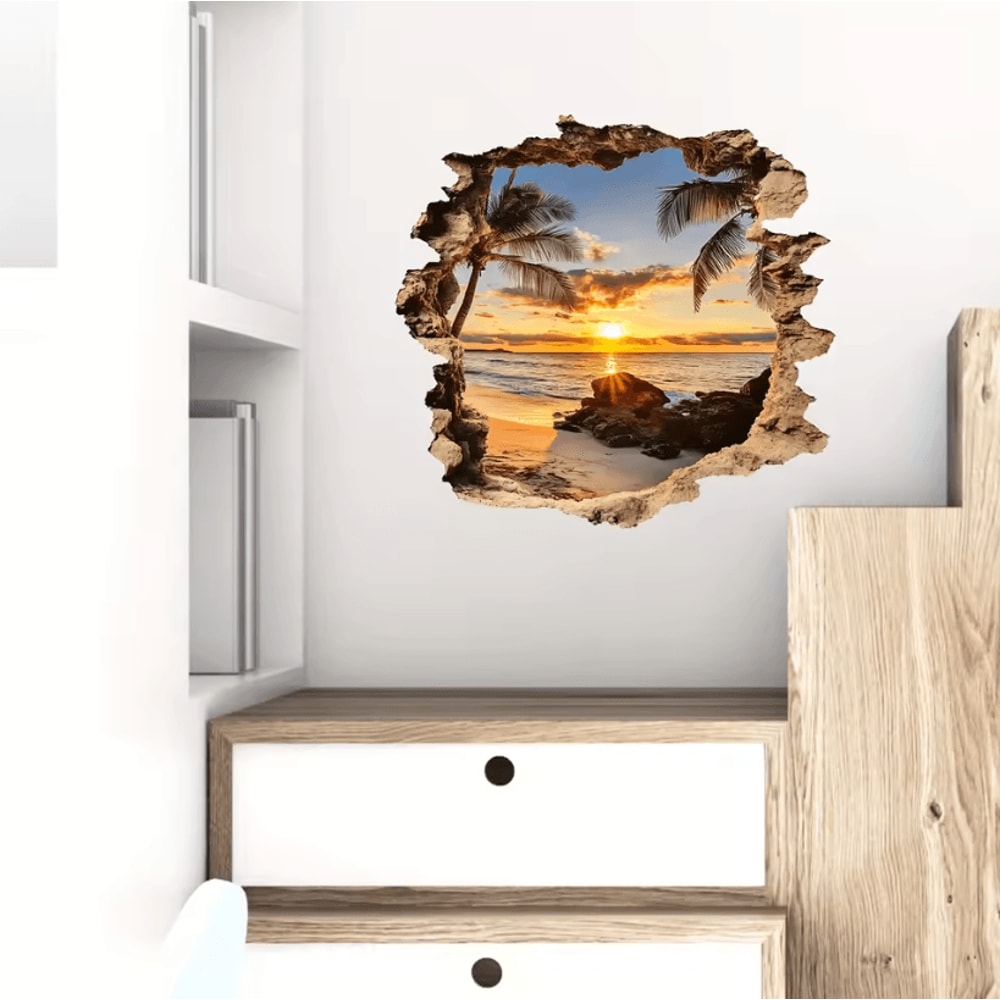 3D Wall Decal Ocean Landscape Beach Scene Wall Sticker Lifelike PVC Wall Mural For Home Decor 3