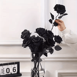 5pcs artificial black roses – long stem fake flower stems for garden, office, home, wedding & halloween party flower d
