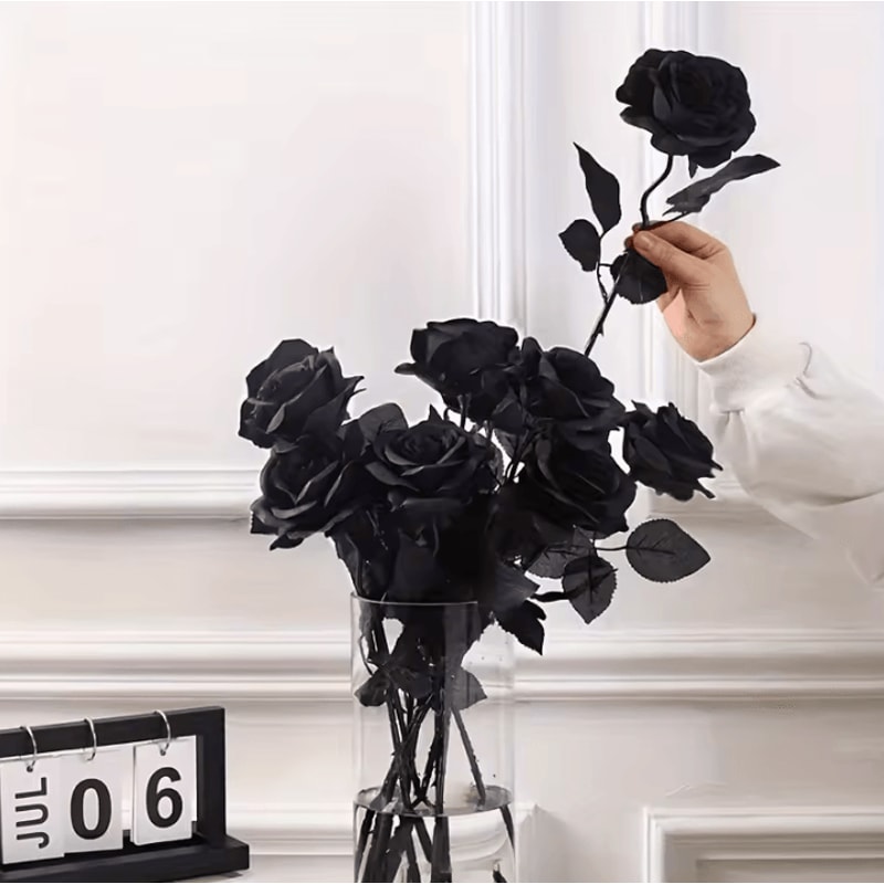 5Pcs Artificial Black Roses Long Stem Fake Flower Stems For Garden Office Home Wedding Halloween 0