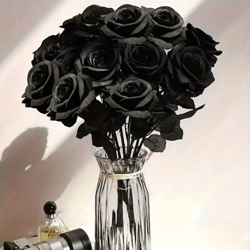 5Pcs Artificial Black Roses Long Stem Fake Flower Stems For Garden Office Home Wedding Halloween 1