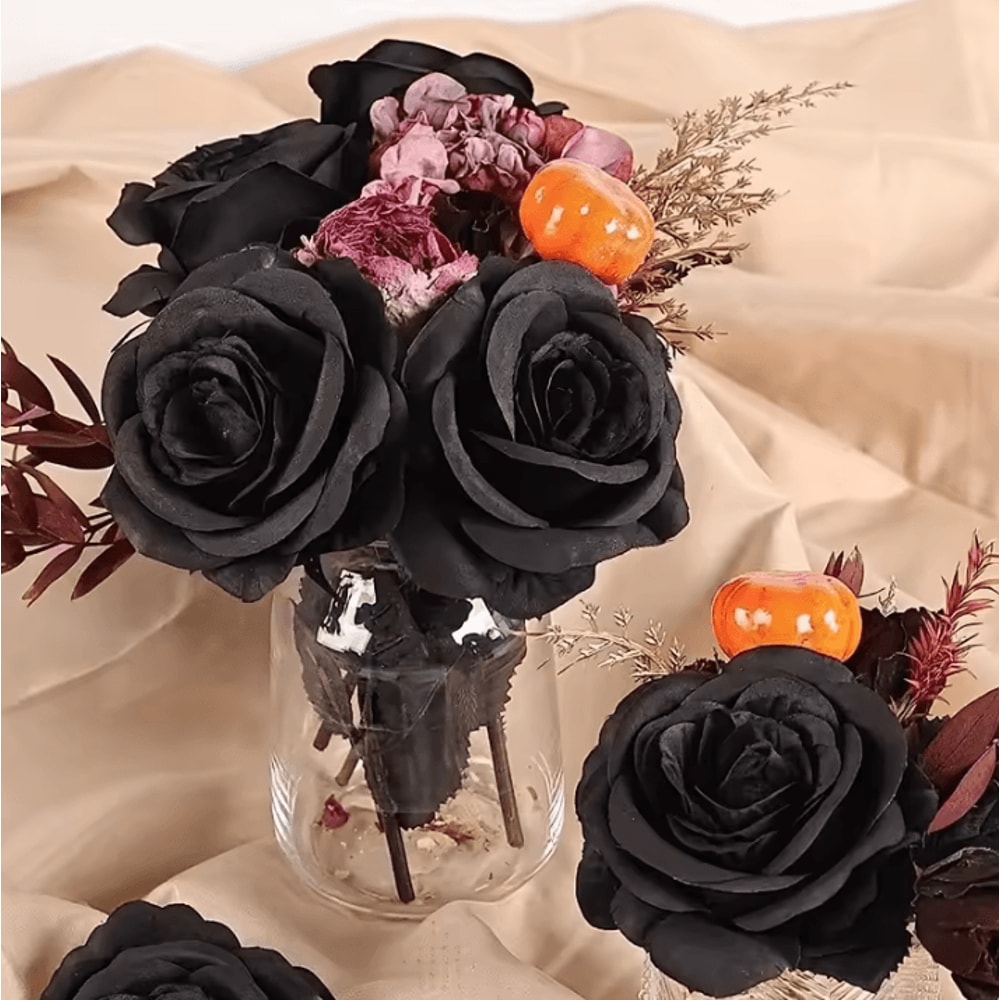 5Pcs Artificial Black Roses Long Stem Fake Flower Stems For Garden Office Home Wedding Halloween 2