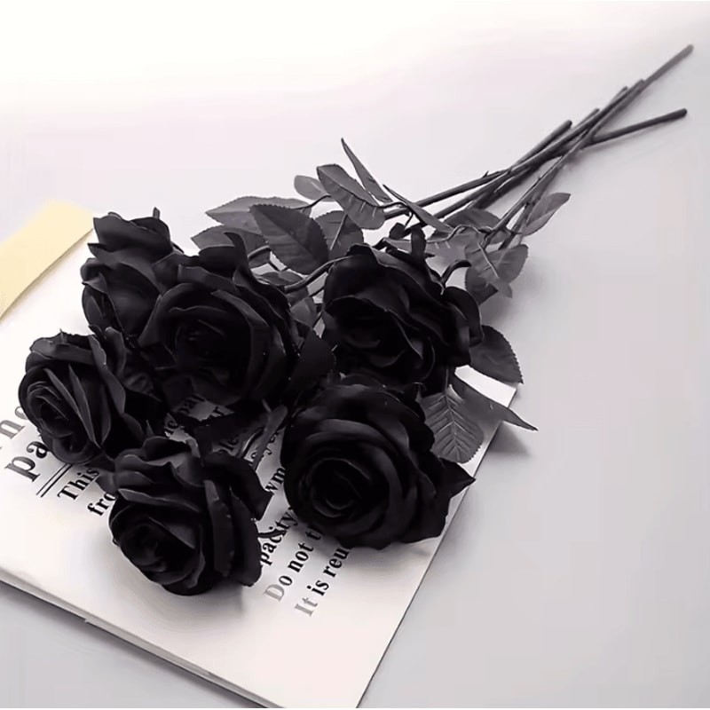 5Pcs Artificial Black Roses Long Stem Fake Flower Stems For Garden Office Home Wedding Halloween 3