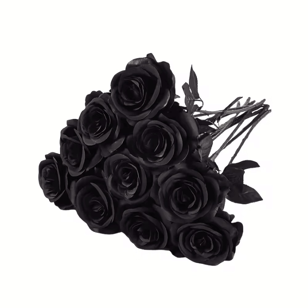 5Pcs Artificial Black Roses Long Stem Fake Flower Stems For Garden Office Home Wedding Halloween 4