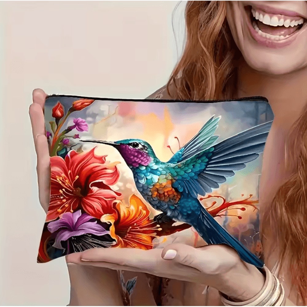Vibrant Floral Makeup Bag Hummingbird Cosmetic Bag With Zipper Travel Cosmetic Pouch 1