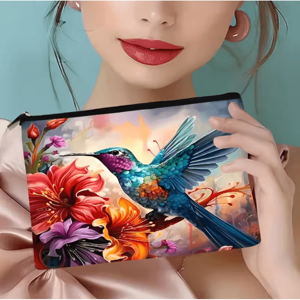 Vibrant Floral Makeup Bag Hummingbird Cosmetic Bag With Zipper Travel Cosmetic Pouch 2