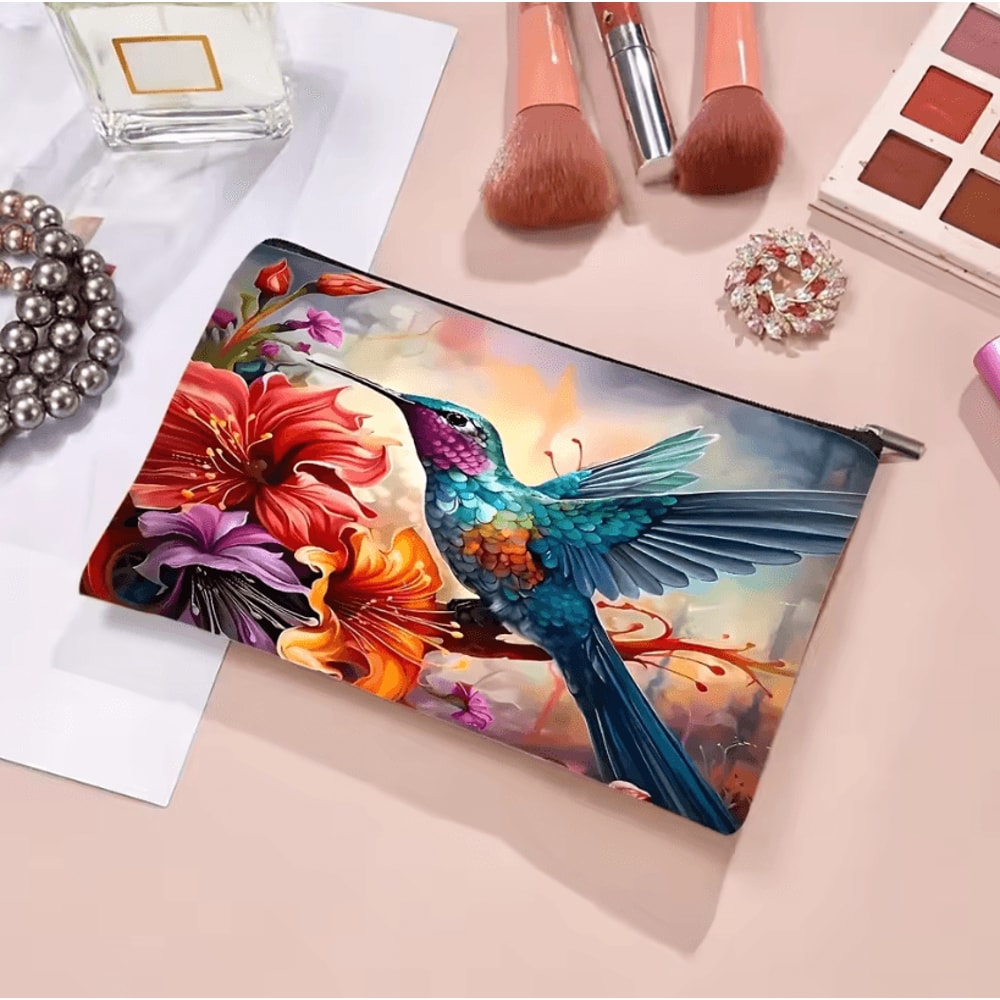 Vibrant Floral Makeup Bag Hummingbird Cosmetic Bag With Zipper Travel Cosmetic Pouch 3