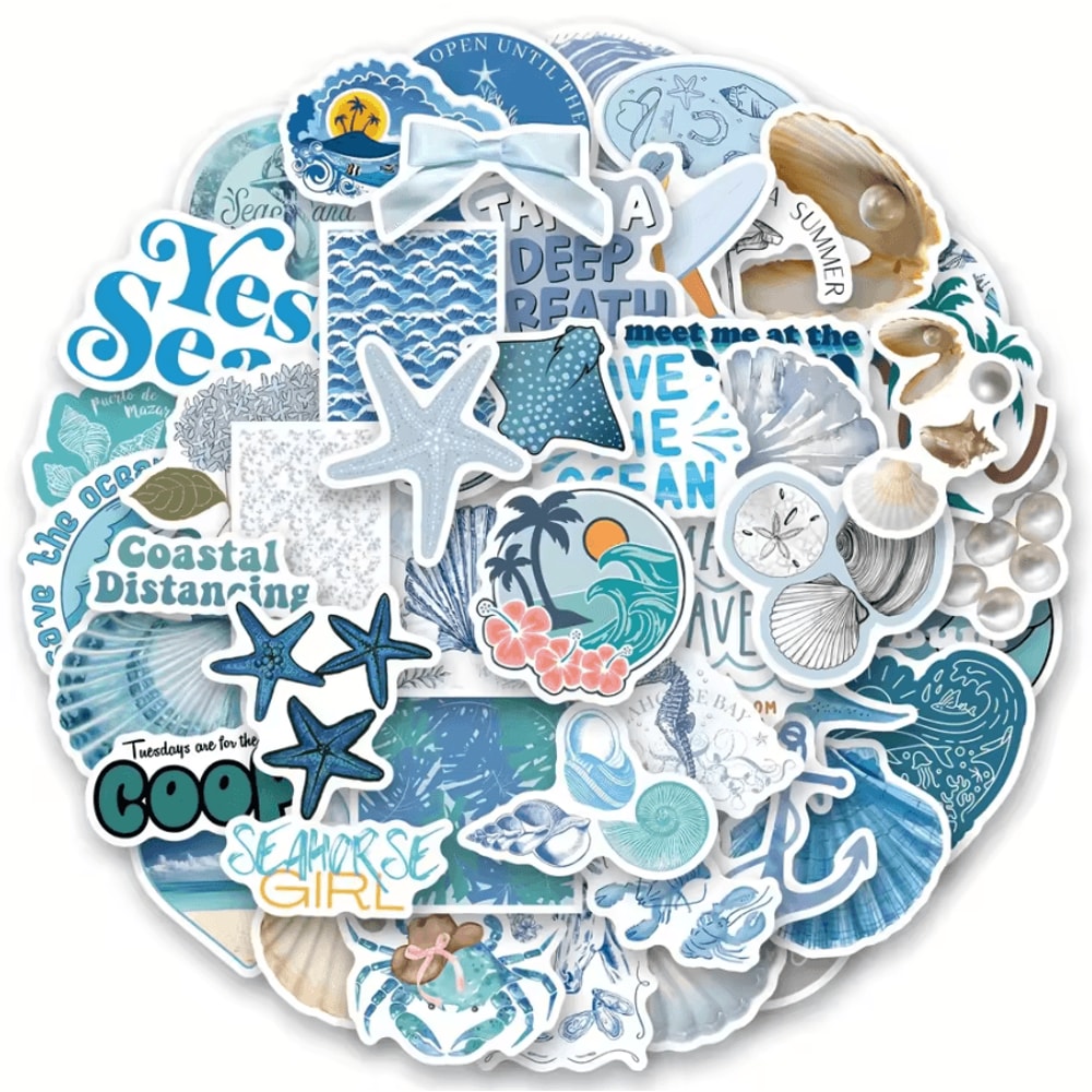 58Pcs Coastal Stickers Pack Kawaii Cartoon Stickers With Shell Sea Creature Decals For Skateboard 0