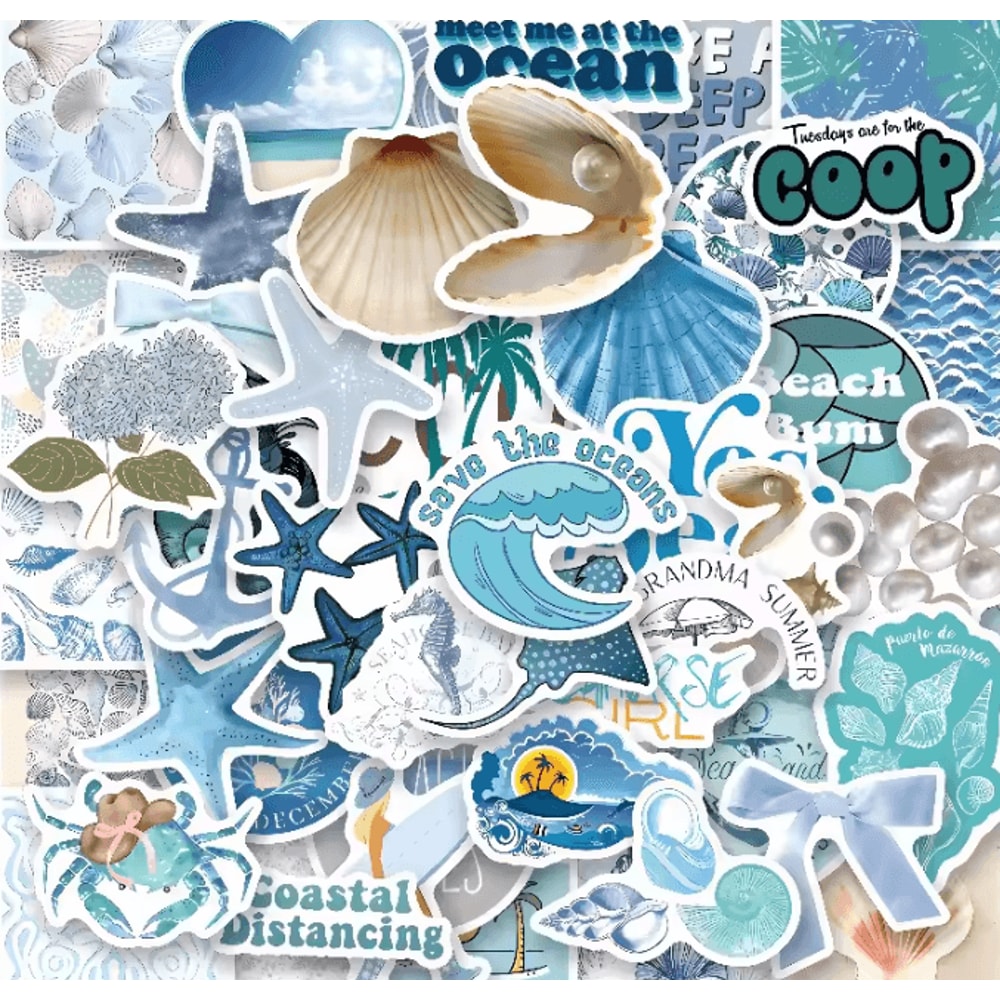 58Pcs Coastal Stickers Pack Kawaii Cartoon Stickers With Shell Sea Creature Decals For Skateboard 2