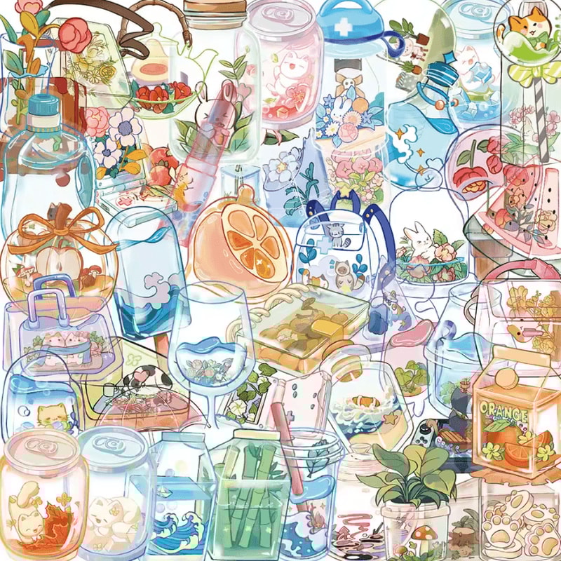 50Pcs Random Transparent Drink Stickers Glass Water Cup Decals With Decorative PET Stickers For Sc 1