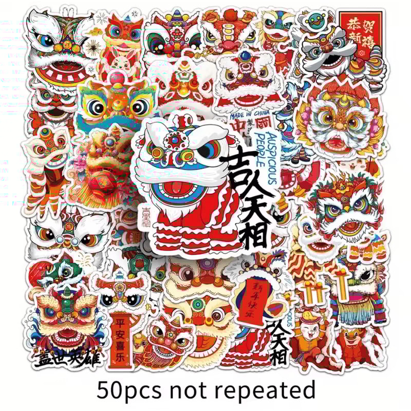 50Pcs Random Lion Dance Stickers Chinese Style Sticker Pack With Cute Animal Decals For Scrapbooki 0