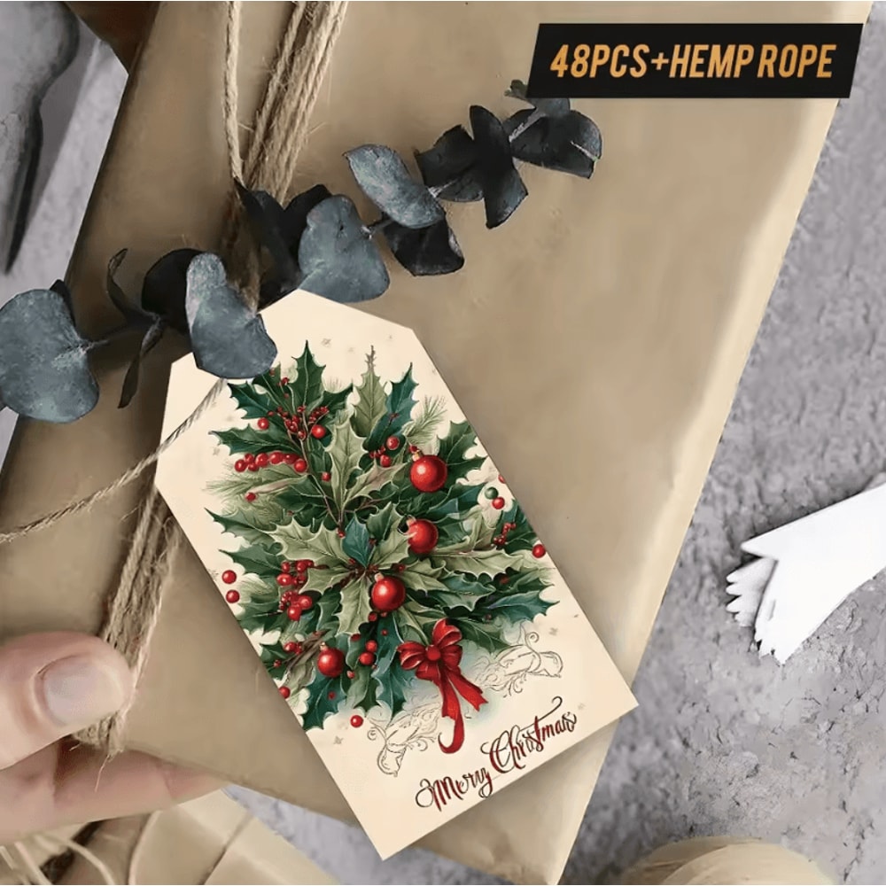 48Pcs Vintage Christmas Gift Tags 354 By 197 In Holiday Packaging Labels With Hemp Rope For Christ 0