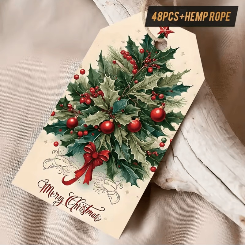 48Pcs Vintage Christmas Gift Tags 354 By 197 In Holiday Packaging Labels With Hemp Rope For Christ 1