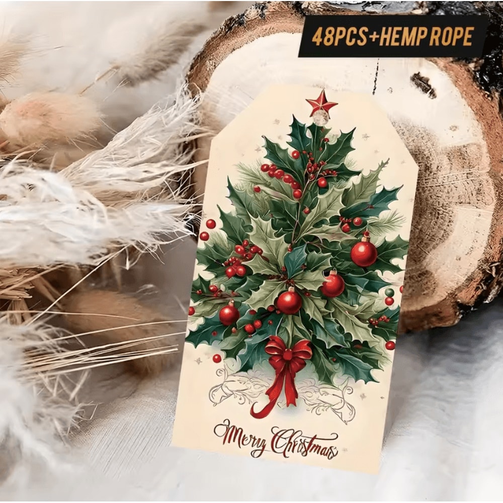 48Pcs Vintage Christmas Gift Tags 354 By 197 In Holiday Packaging Labels With Hemp Rope For Christ 2