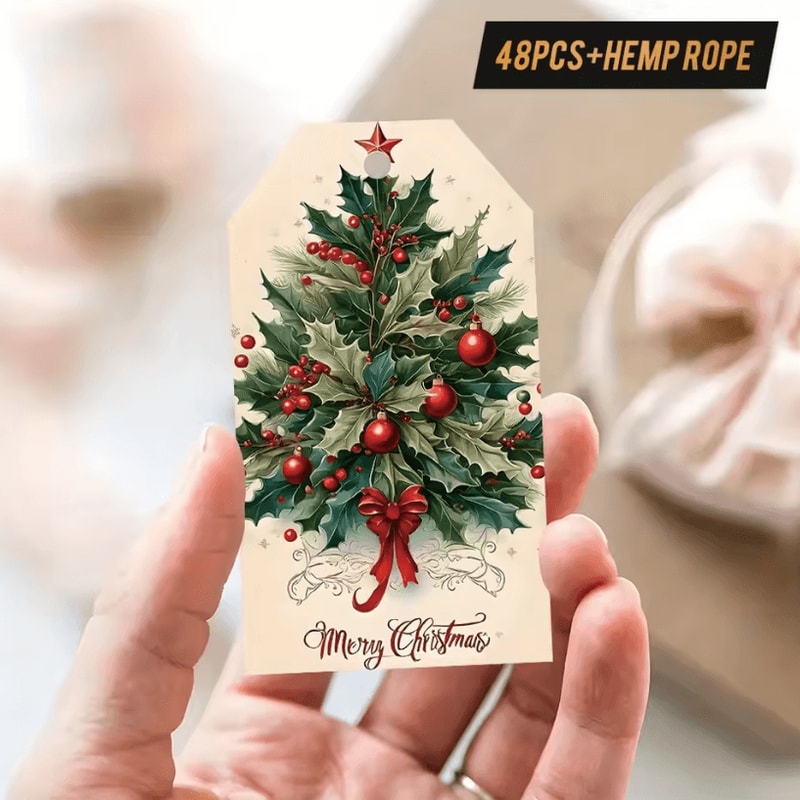 48Pcs Vintage Christmas Gift Tags 354 By 197 In Holiday Packaging Labels With Hemp Rope For Christ 3