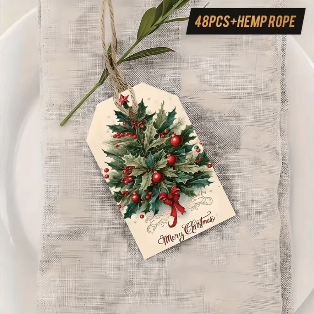 48Pcs Vintage Christmas Gift Tags 354 By 197 In Holiday Packaging Labels With Hemp Rope For Christ 4