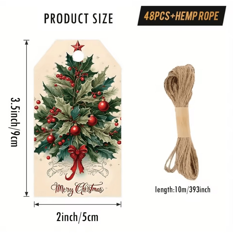 48Pcs Vintage Christmas Gift Tags 354 By 197 In Holiday Packaging Labels With Hemp Rope For Christ 5