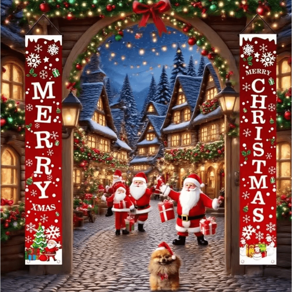 1 Pair Merry Christmas Banner Polyester 2D Door Banners For Entryway Room Garden Porch Decor 0
