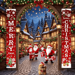 1 pair merry christmas banner polyester 2d door banners for entryway, room, garden, porch decor