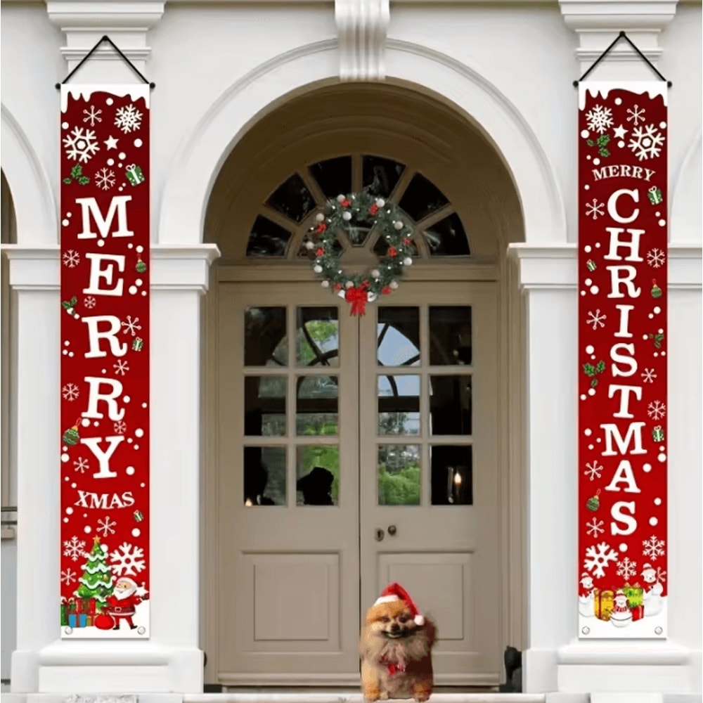 1 Pair Merry Christmas Banner Polyester 2D Door Banners For Entryway Room Garden Porch Decor 1
