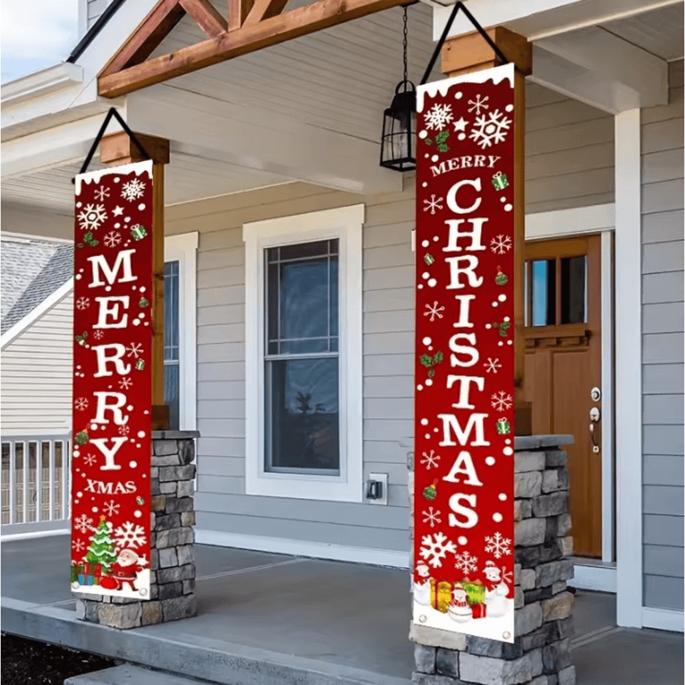 1 Pair Merry Christmas Banner Polyester 2D Door Banners For Entryway Room Garden Porch Decor 2