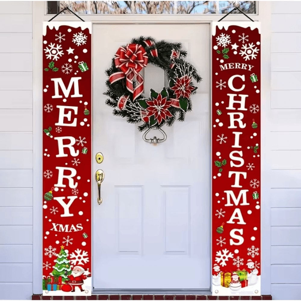 1 Pair Merry Christmas Banner Polyester 2D Door Banners For Entryway Room Garden Porch Decor 4