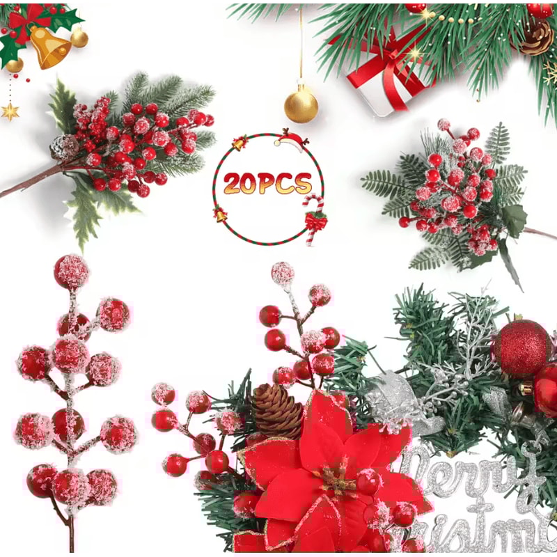 20pcs Artificial Red Berries Stems With Frosted Snow For Christmas Tree Decorations And Festive Hol 1