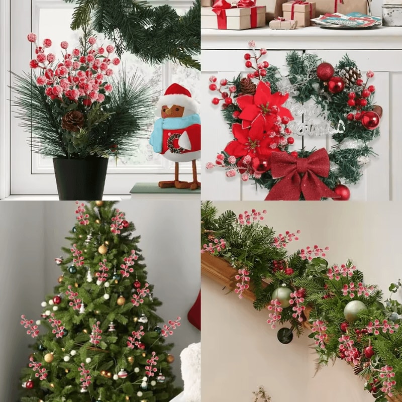 20pcs Artificial Red Berries Stems With Frosted Snow For Christmas Tree Decorations And Festive Hol 2