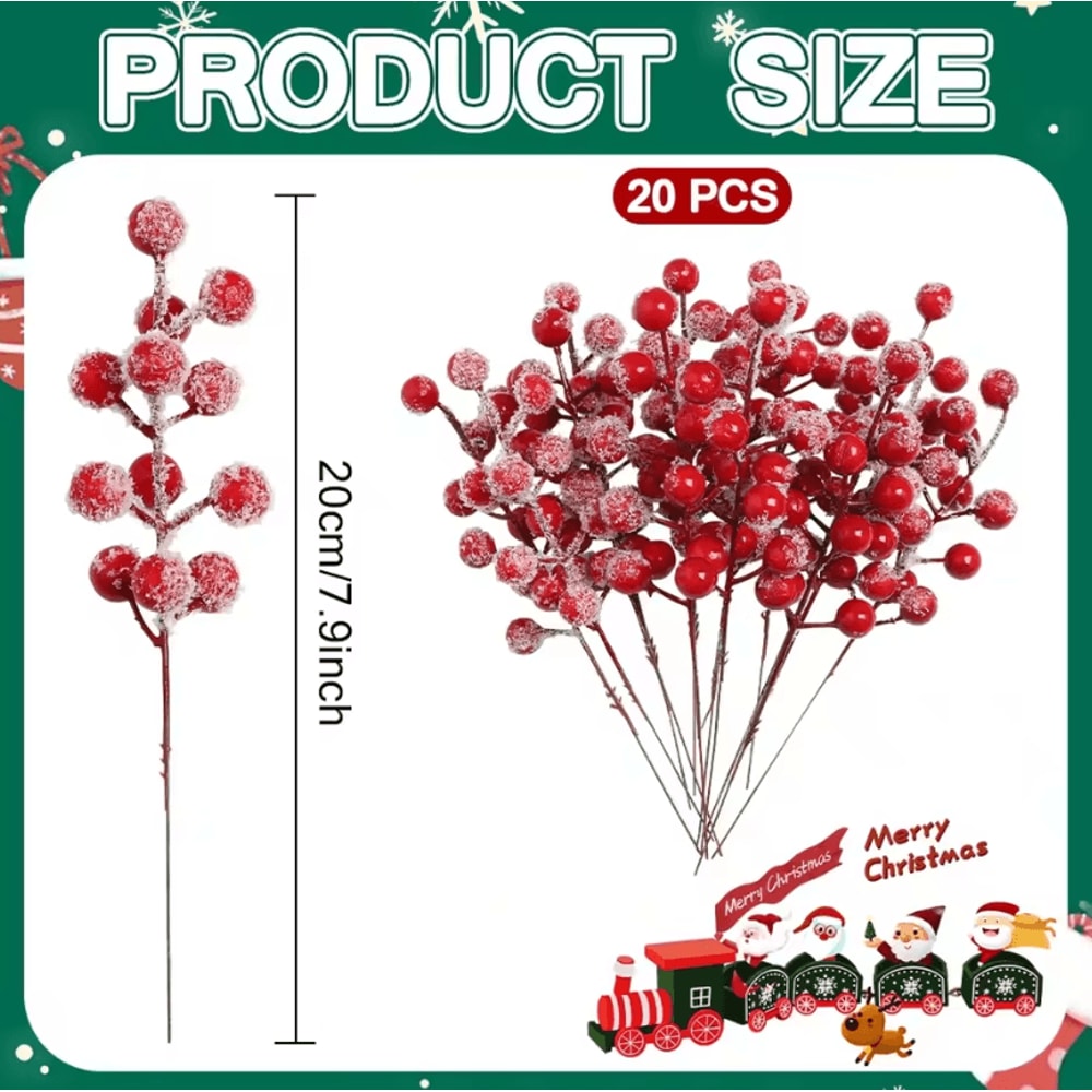 20pcs Artificial Red Berries Stems With Frosted Snow For Christmas Tree Decorations And Festive Hol 5