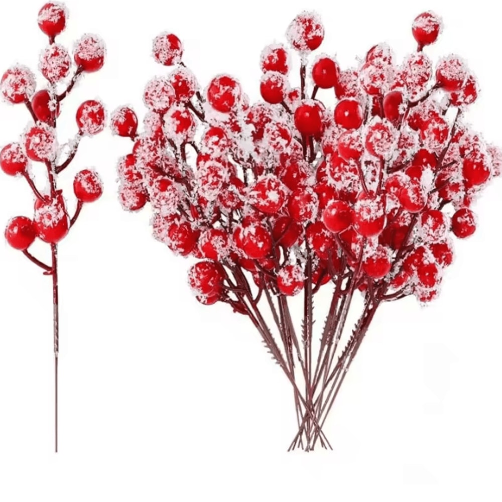 20pcs Artificial Red Berries Stems With Frosted Snow For Christmas Tree Decorations And Festive Hol 6