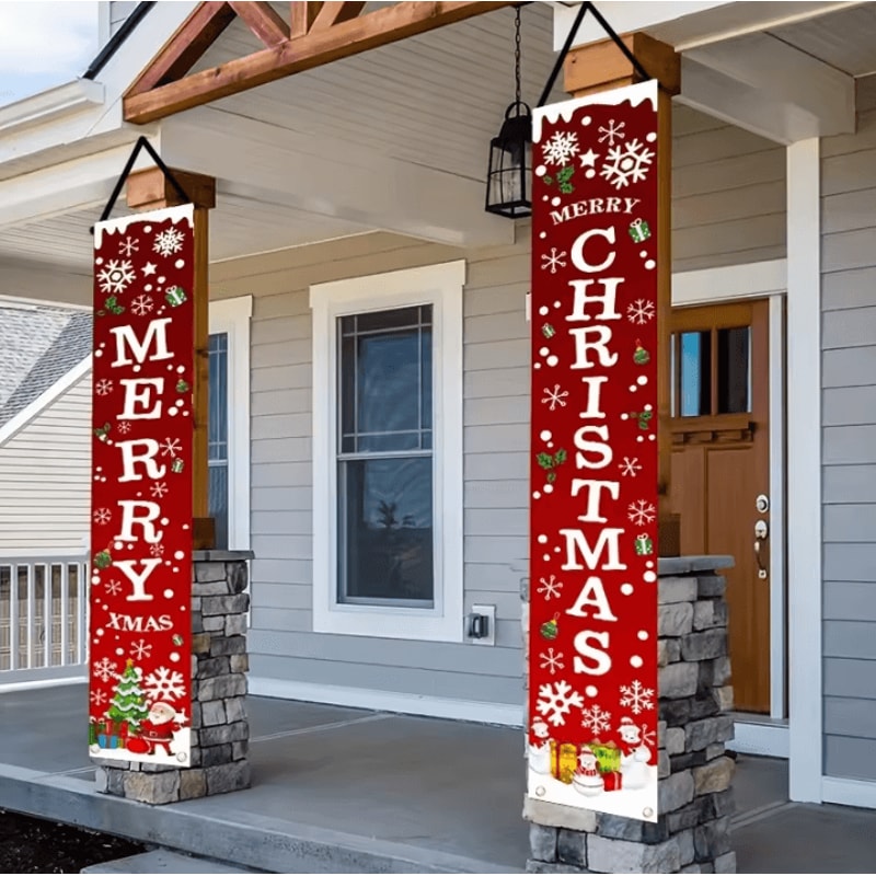 1Pair Christmas Door Banners Polyester 2D Merry Christmas Flag 12 By 71 Inches For Indoor Outdoor G 0