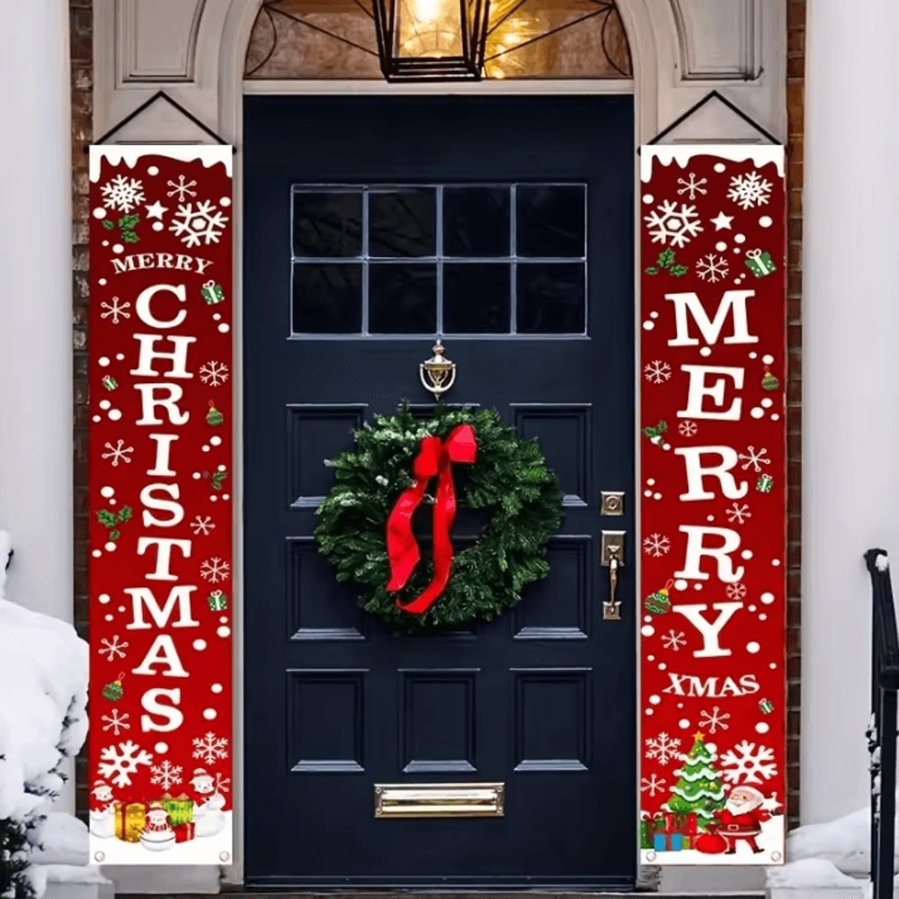 1Pair Christmas Door Banners Polyester 2D Merry Christmas Flag 12 By 71 Inches For Indoor Outdoor G 1