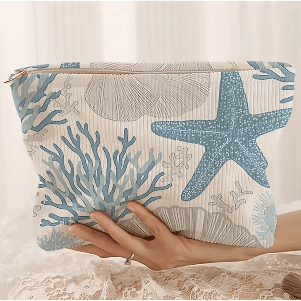 Starfish Coral Shell Pattern Printed Makeup Bag Corduroy Lightweight Zipper Pouch For MultiFunction 1