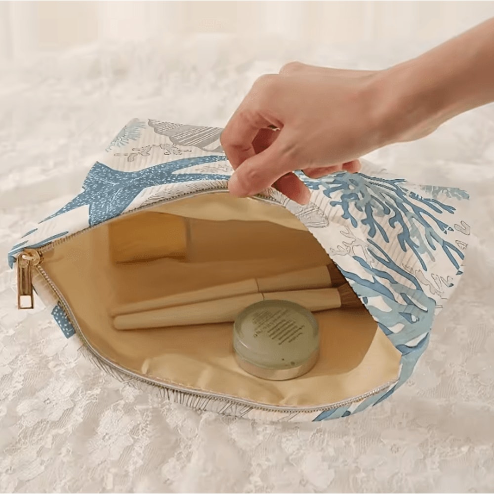 Starfish Coral Shell Pattern Printed Makeup Bag Corduroy Lightweight Zipper Pouch For MultiFunction 2