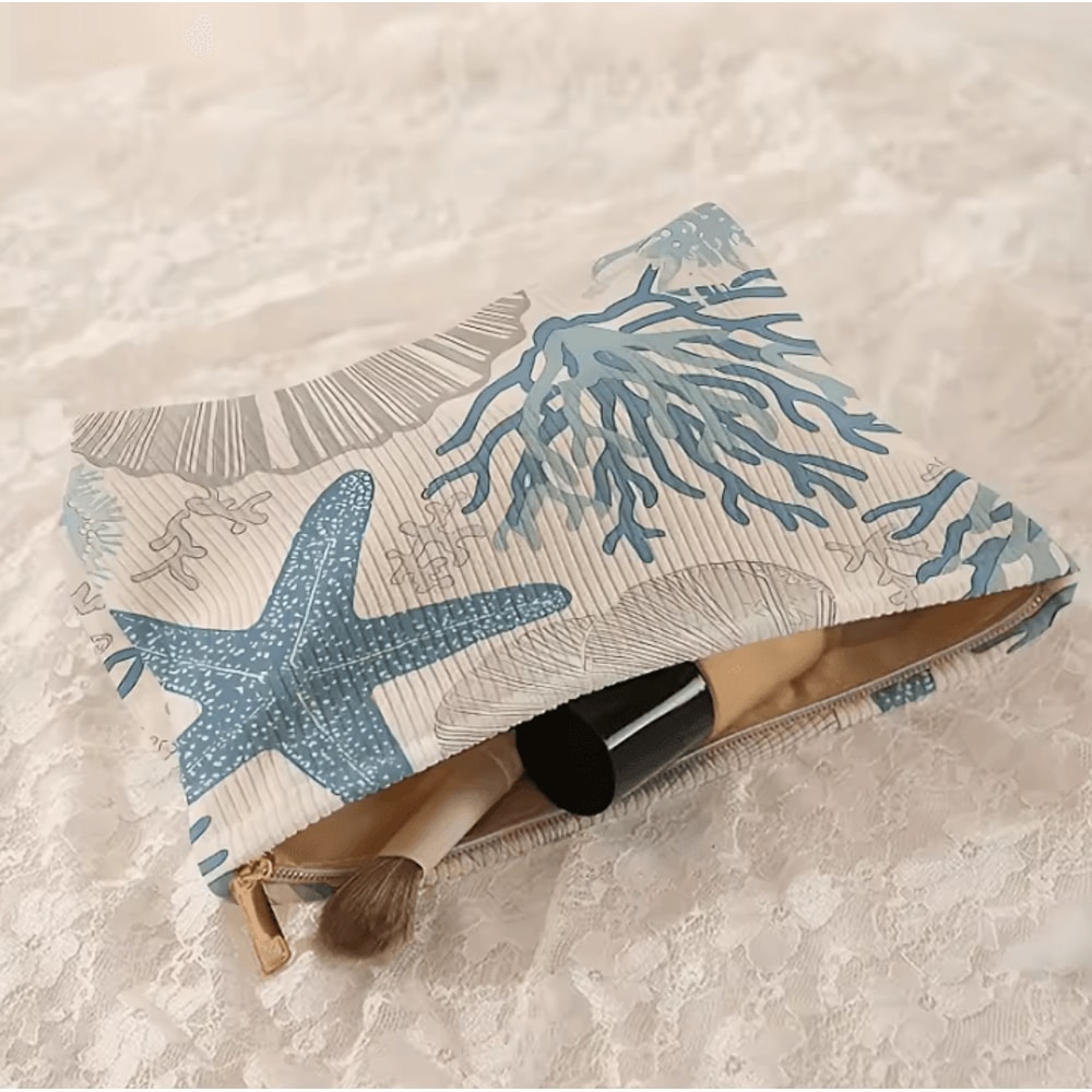 Starfish Coral Shell Pattern Printed Makeup Bag Corduroy Lightweight Zipper Pouch For MultiFunction 4