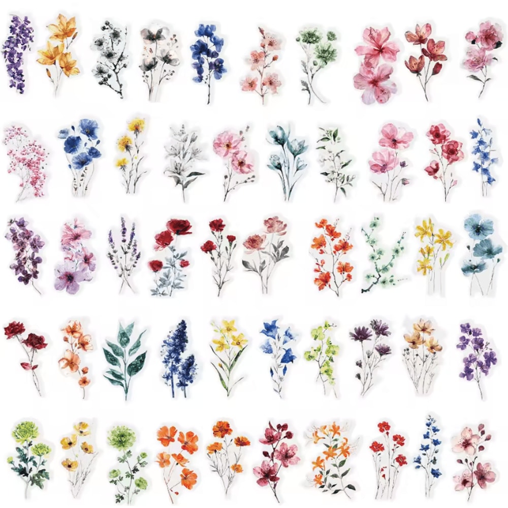 50pcs Transparent Flower Stickers Ink Floral Decorative Craft Stickers For Notebook Guitar Brochure 4