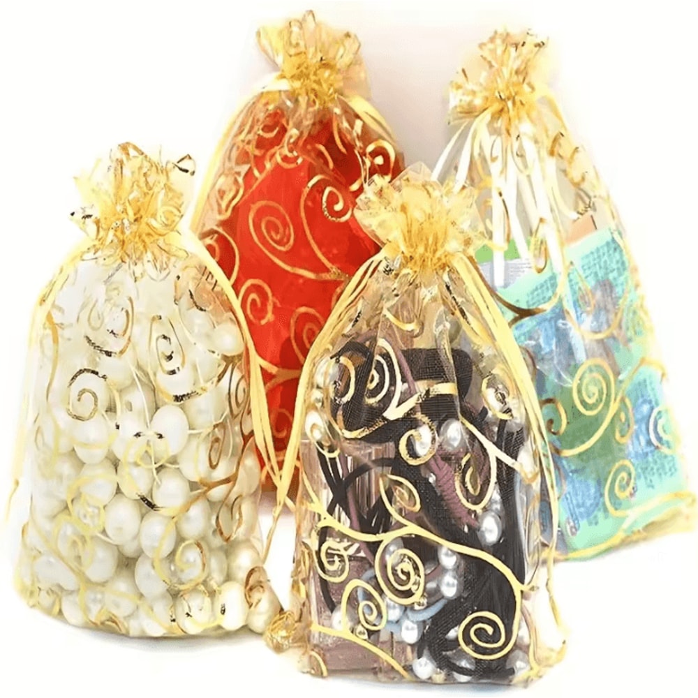 100pcs Golden Mesh Drawstring Bags Party Favor Gift Pouches For Candy Makeup Jewelry And Accessorie 4