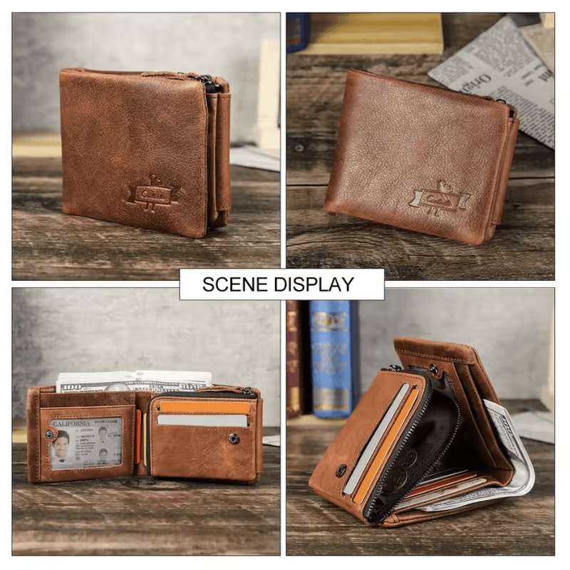 Genuine Crazy Horse Leather Mens Trifold Wallet With Zip Coin Pocket Vintage Cowhide Purse 2
