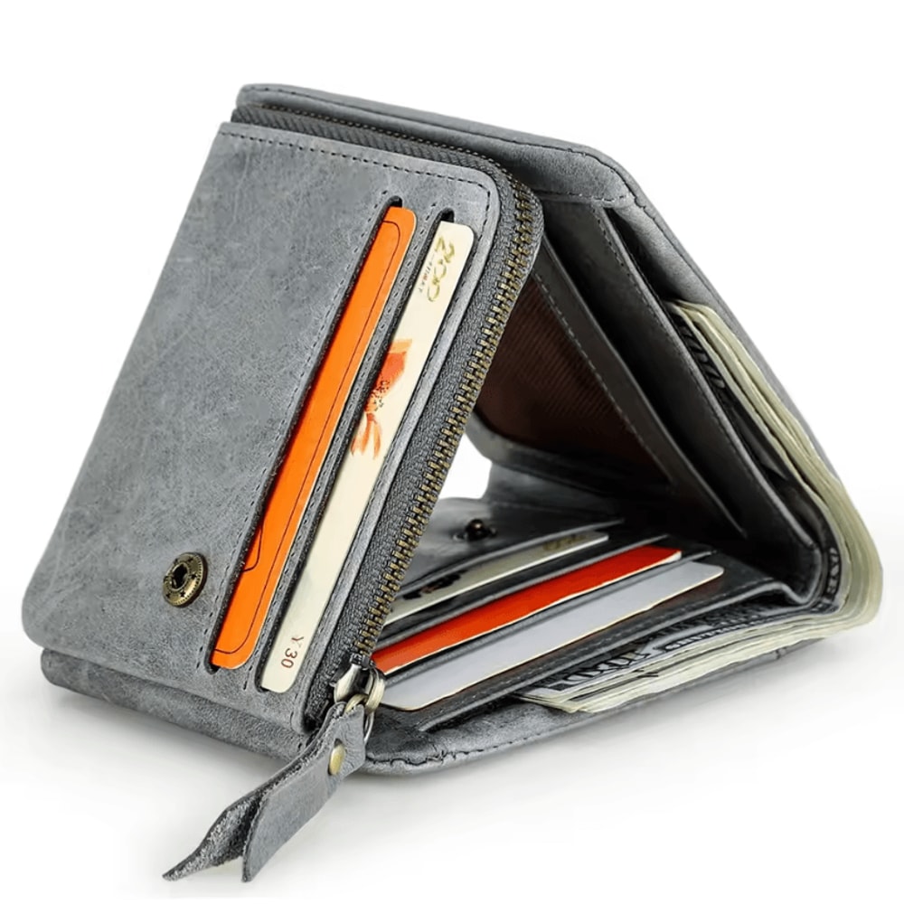 Genuine Crazy Horse Leather Mens Trifold Wallet With Zip Coin Pocket Vintage Cowhide Purse 6