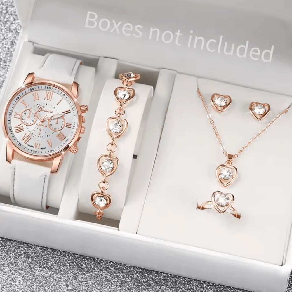 Fashion Womens Quartz Watch Set With Leather Bands And Heart Rhinestone Accent 56 PCS 0