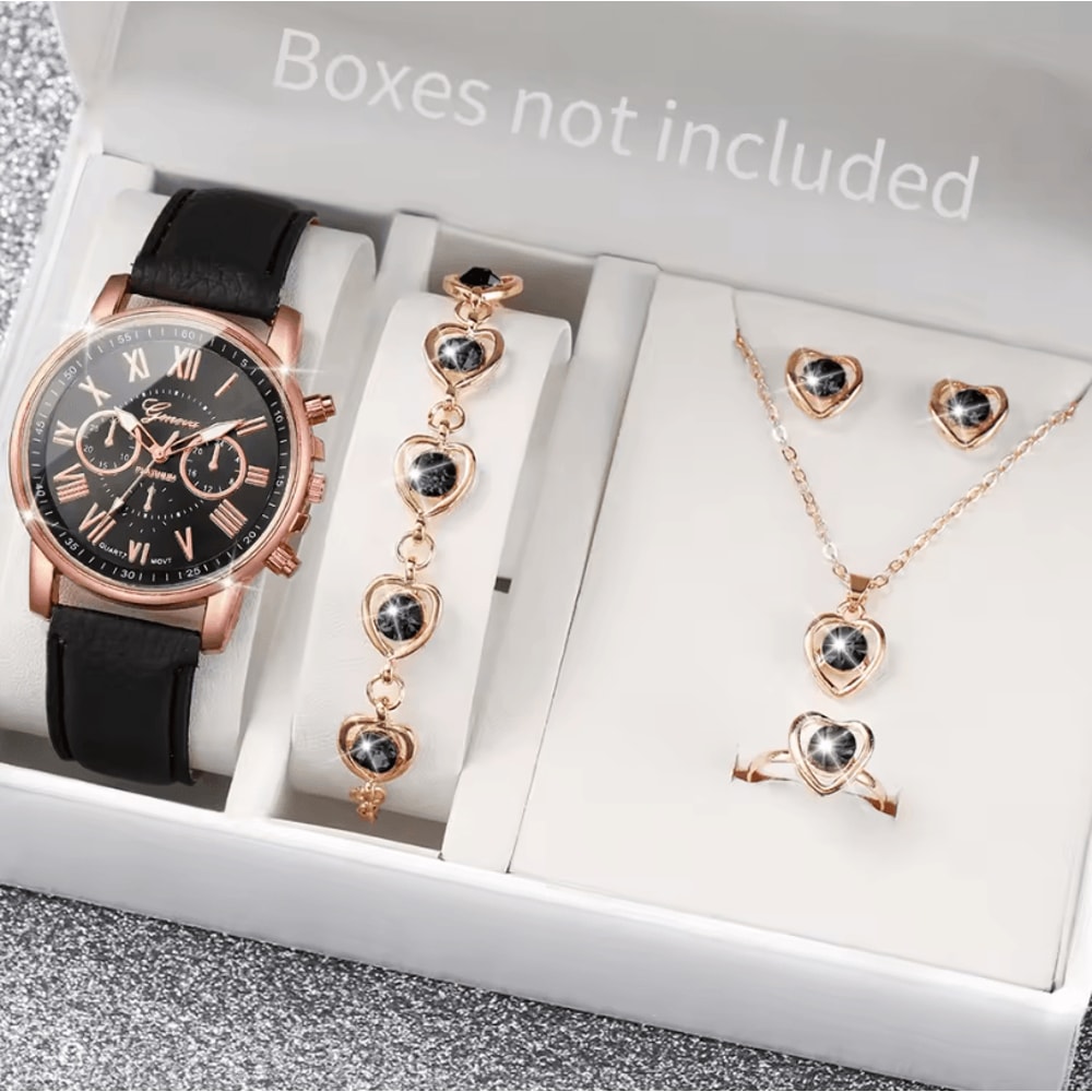Fashion Womens Quartz Watch Set With Leather Bands And Heart Rhinestone Accent 56 PCS 1