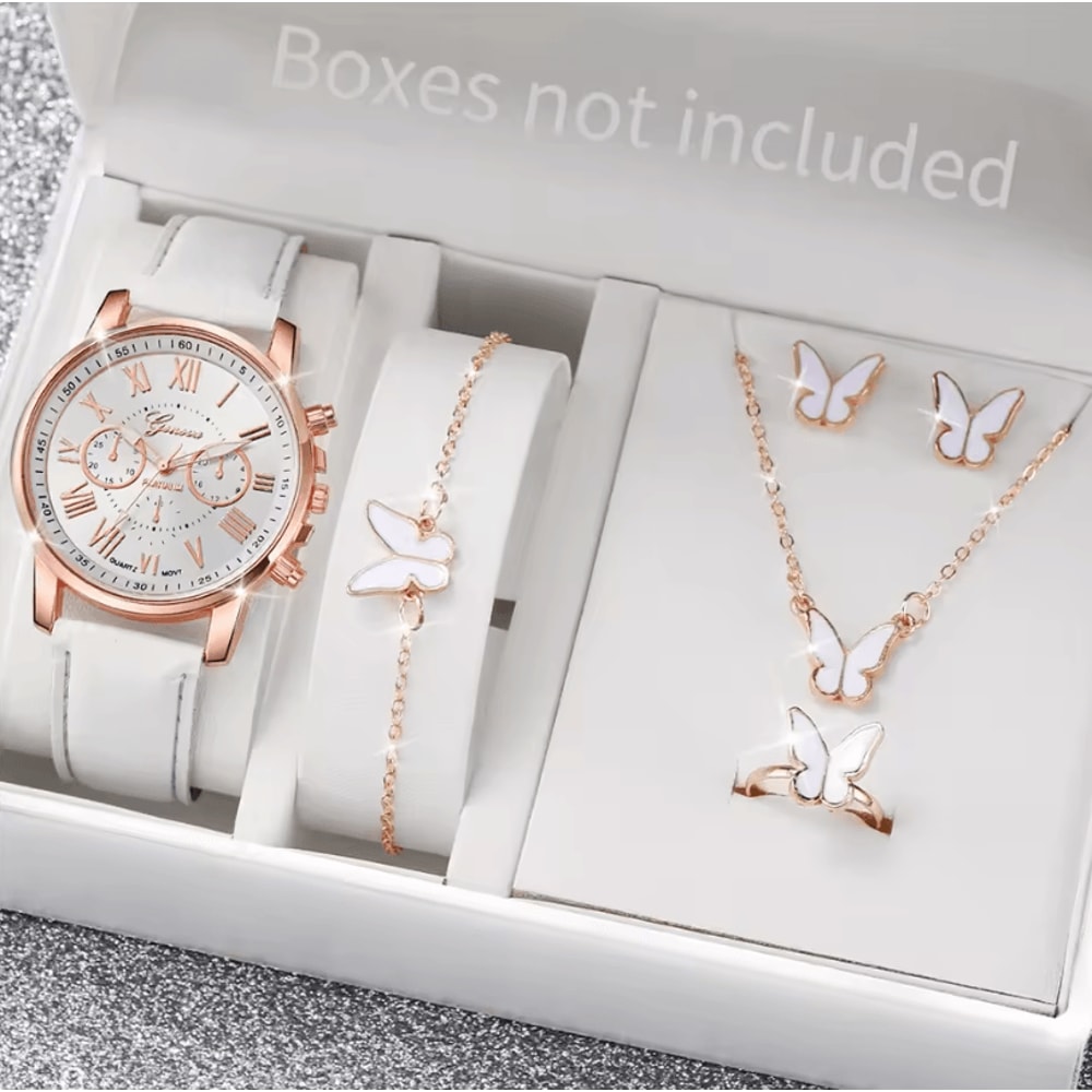 Fashion Womens Quartz Watch Set With Leather Bands And Heart Rhinestone Accent 56 PCS 2