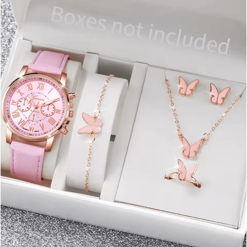 Fashion Womens Quartz Watch Set With Leather Bands And Heart Rhinestone Accent 56 PCS 4