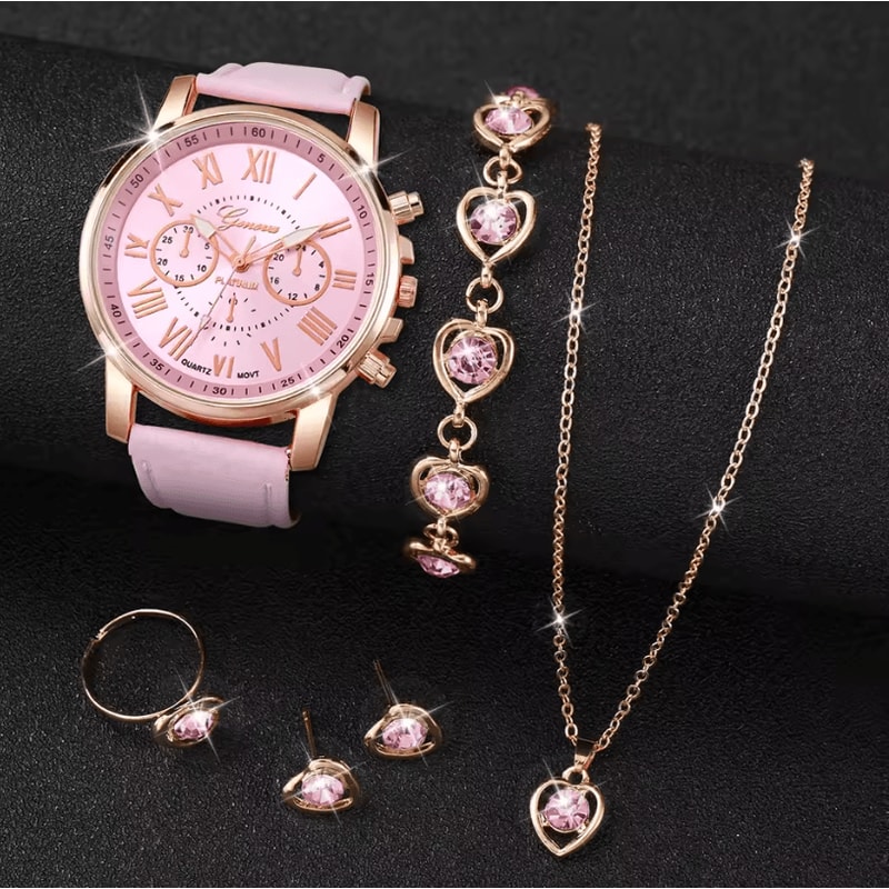 Fashion Womens Quartz Watch Set With Leather Bands And Heart Rhinestone Accent 56 PCS 10