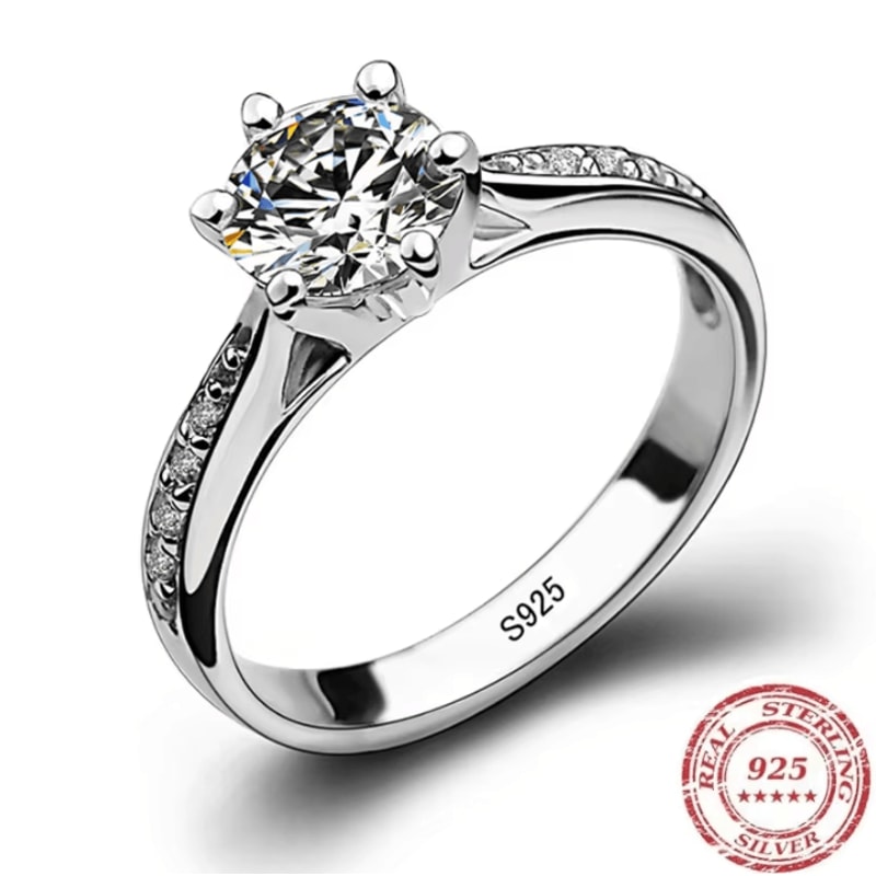 Luxury 925 Sterling Silver Ring Classic SixClaw Diamond Imitation Jewelry Ring For Women 0