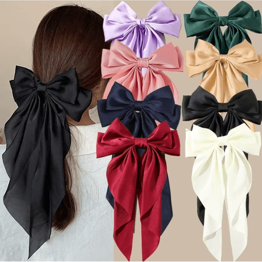 Korean Hair Clips Big Bowknot Solid Satin Long Ribbon Hair Clips For Women And Girls 0