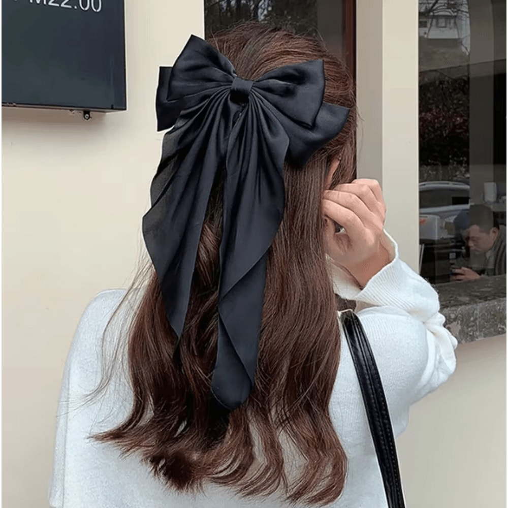 Korean Hair Clips Big Bowknot Solid Satin Long Ribbon Hair Clips For Women And Girls 2